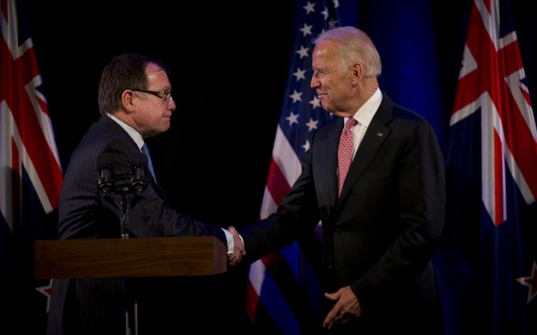 NZ Foreign Affairs Minister Murray McCully and US Vice President Joe Biden shake hands yesterday during the veep's flying visit.