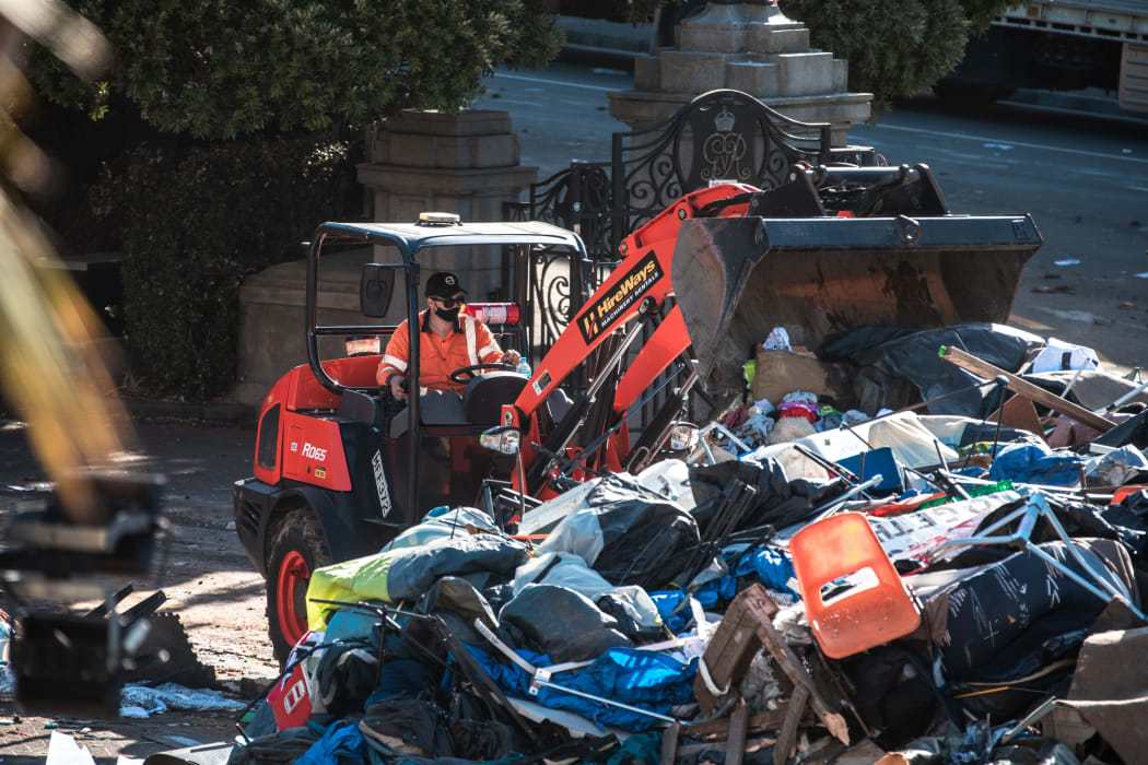 Rubbish left at Parliament grounds on 3 March, 2022, following a three-week occupation by anti-mandate and other protesters.