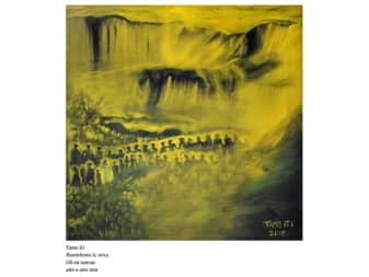 An abstract scene in shades of yellow and grey featuring cloudy swirls and lines of people.