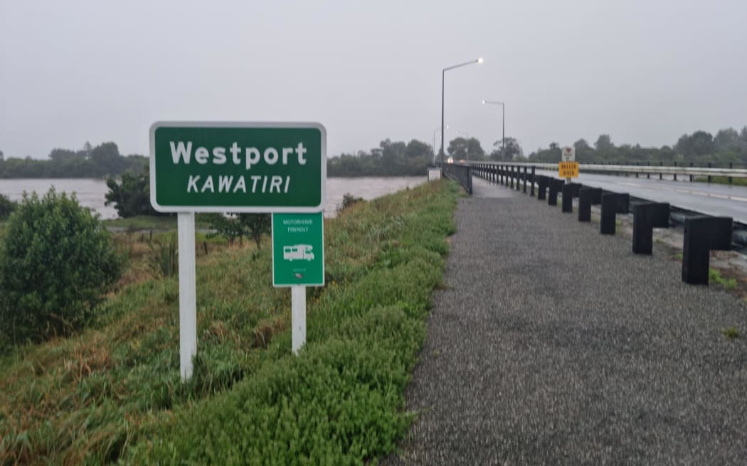 A flooded Buller River in Westport, February 2022.