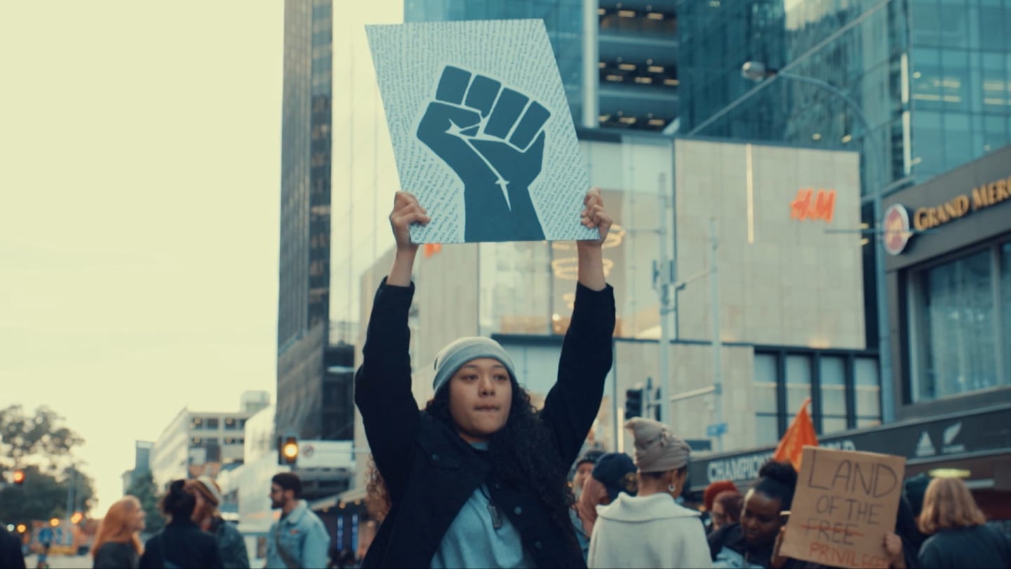 Protesters march in solidarity at Auckland's Black Lives Matter protest, 1 June 2020