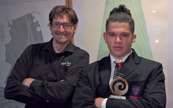 Scientist Aaron McCloy and Panguru Area School student Allen Karena, Northland winner of the 2018 Trustpower Youth Community Spirit award