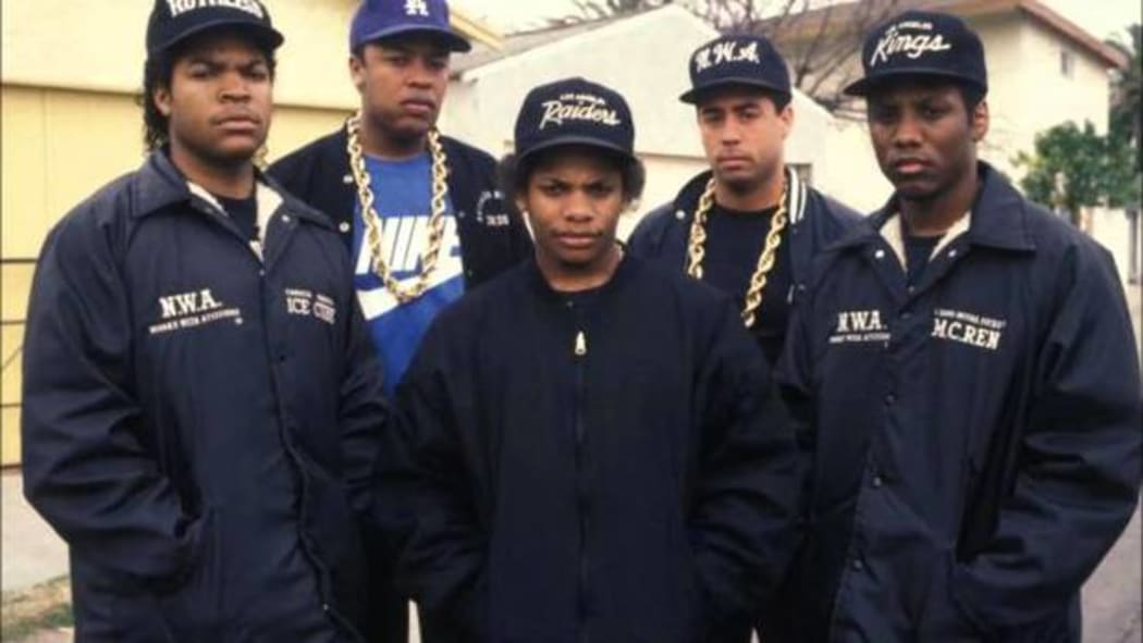 N.W.A (L-to-R: Ice Cube, Dr Dre, Eazy-E, DJ Yella, MC Ren)