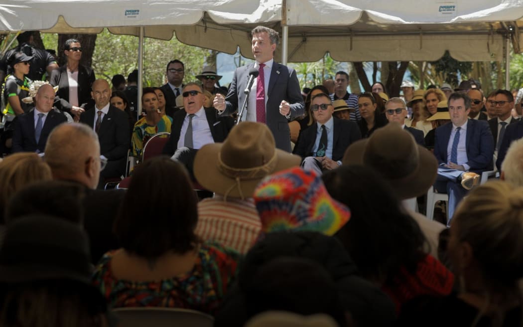ACT Party leader David Seymour speaks to the crowd at Waitangi on 5 February.