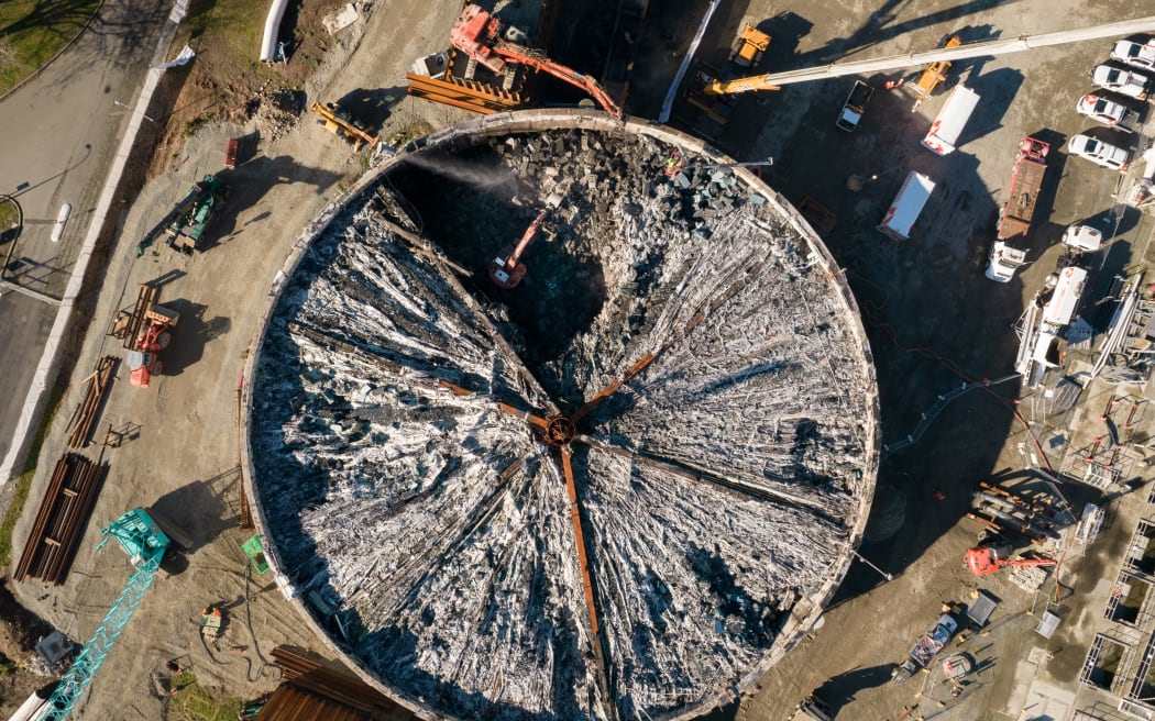 An aerial shot taken by a drone of the burnt-out Bromley wastewater treatment plant in Christchurch.