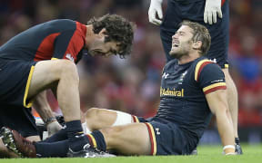 Wales fullback Leigh Halfpenny being treated for injury 2015.