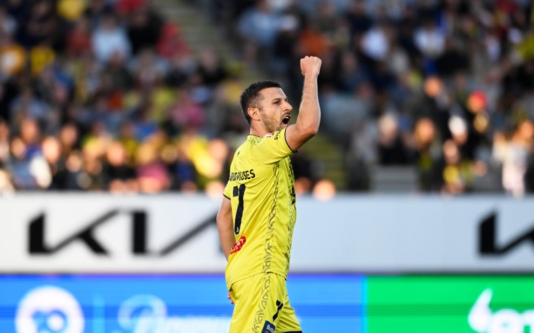 Kosta Barbarouses celebrates his goal.
