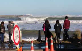 The waves closed the road between the eastern end of Lyall Bay to Moa Point Road.