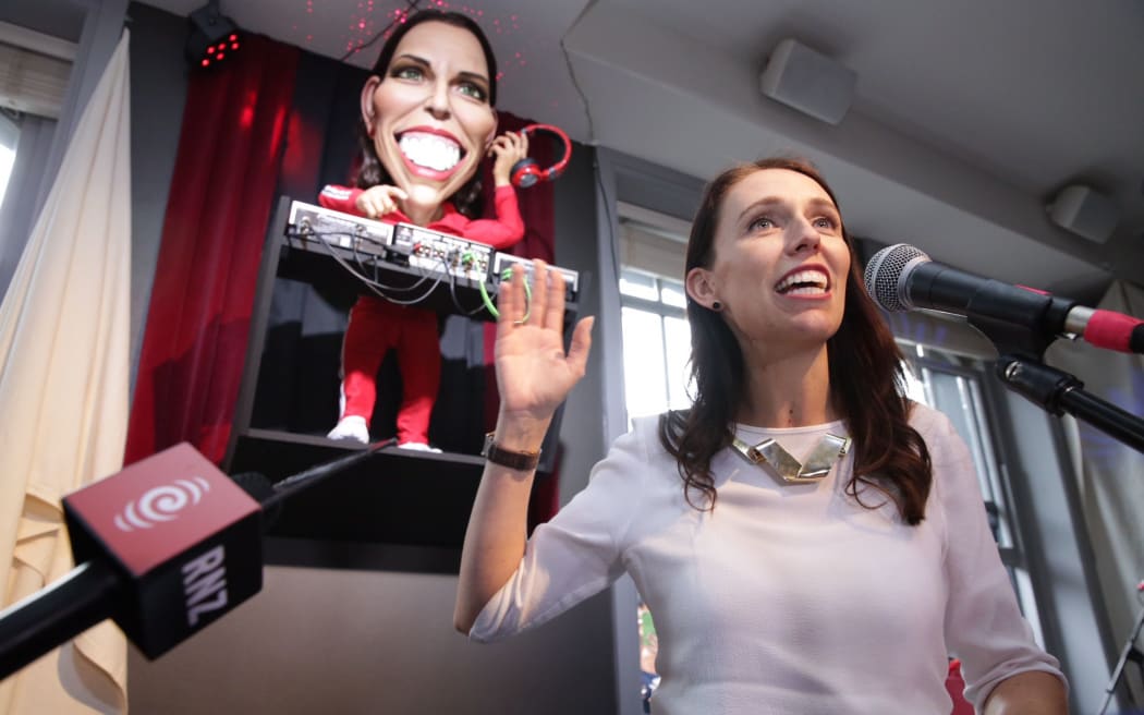 Jacinda Ardern was at the unveiling of her DJ puppet at the Backbencher pub across from Parliament.