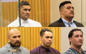 On trial for the murder of Mark Hohua are Tribesmen gang members (clockwise from top left) Te Patukino Biddle, Ngahere Tapara, Dean Collier, Conway Rapana and Heremaia Gage.
