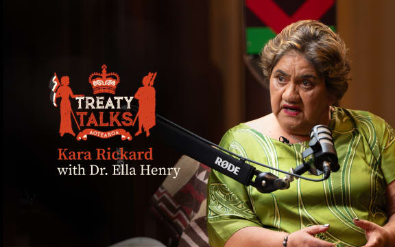 Crest referencing the nz coat of arms but featuring silhouette of a woman holding tino rangatiratanga flag and a crown with māori designs and the word Aotearoa at the base.
Colours are mainly red with some cream, all on a black background.
Text reads Kara Rickard with Dr. Ella Henry. 
Image of guest in conversation with host Kara (who is out of shot)