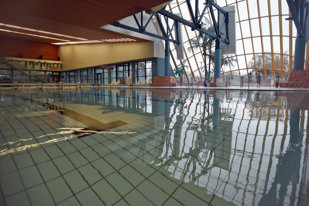 The empty municipal swimming pool in Bornheim, Germany.