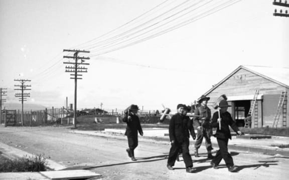 Fatigue squad on the way to work, at the Japanese prisoner of war camp near Featherston in 1943