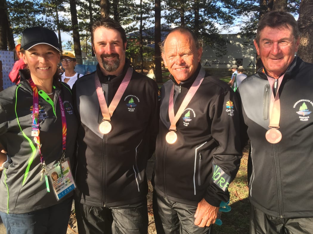 L-R Norfolk Island's Chef de mission, Ryan Dixon, Hadyn “Teddy” Evans and Phil Jones.