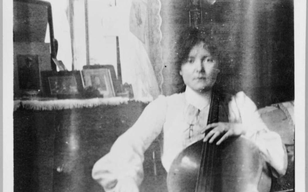 Katherine Mansfield playing the cello at Queen's College, London c.1903-1905.