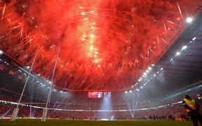 A general view of the stadium as fireworks go off afterthe Rugby World Cup Final between New Zealand (All Blacks) and Australia at Twickenham stadium in London, England, on October 31, 2015. Photo Mitch Gunn / BPI / DPPI