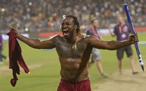West Indies batsman Chris Gayle celebrates his side's T20 World Cup success.
