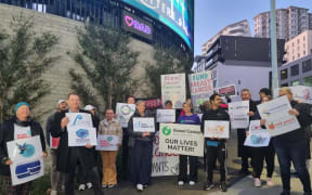 Protestors at the Life Matters campaign launch in Auckland