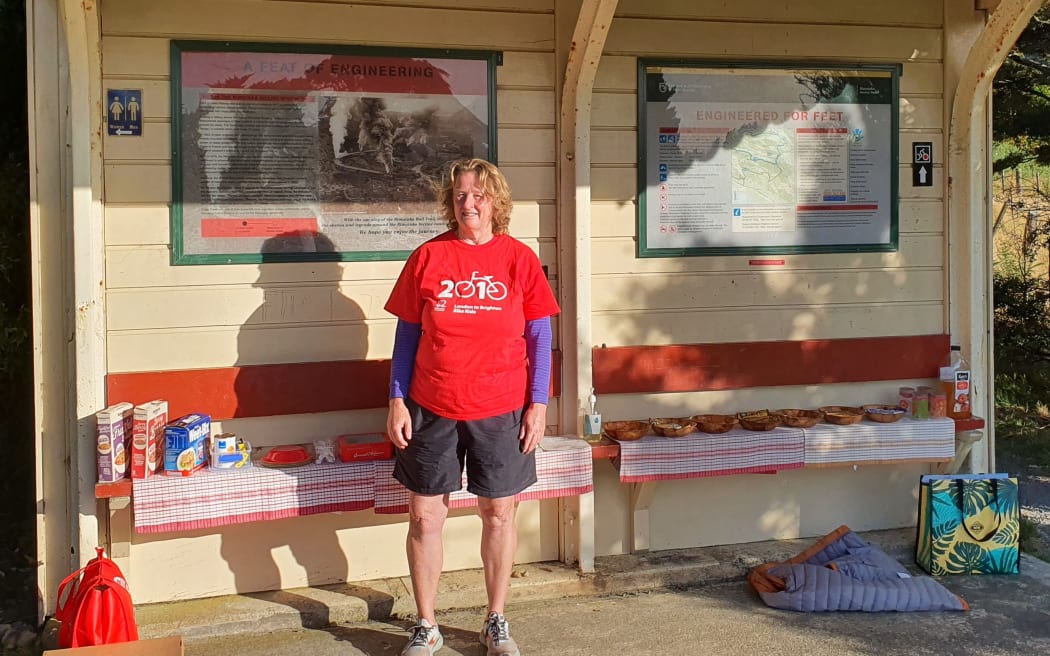 Mary Nettle with her support station at the base of the Remutaka range