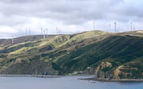 Wind turbines above the Wellington coastline at Makara Beach.