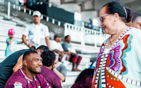 Moana Pasifika veteran Sekope Kepu meets fans in Nuku'alofa on Thursday.