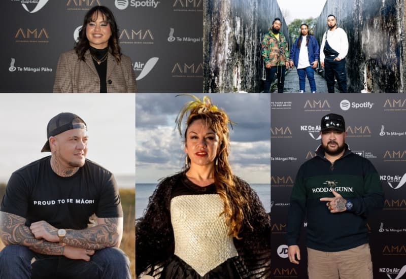 A composite image showing finalists in the 2025 Māori Music Awards: clockwise from top left: Paige, the Tuari Brothers, Hori Shaw, Toni Huata, Shane Walker.