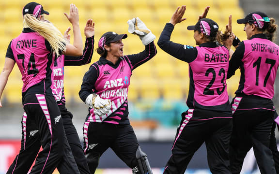 The White Ferns celebrate a wicket in the first T20 against India.
