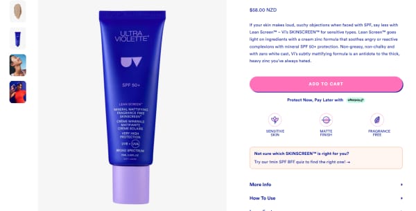 A screenshot of Ultra Violette Lean Screen SPF50+ Mattifying Zinc Sunscreen which returned an SPF of 4 in the latest Australian Choice study.