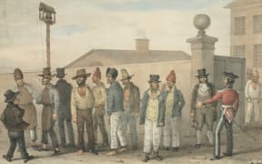 An 1830 drawing of a convict gang in Sydney by British artist Augustus Earle.
