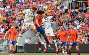 Nando Pijnaker scoring a goal during the A-League Men Round 24 match between Brisbane Roar and Auckland FC at Suncorp Stadium in Brisbane.