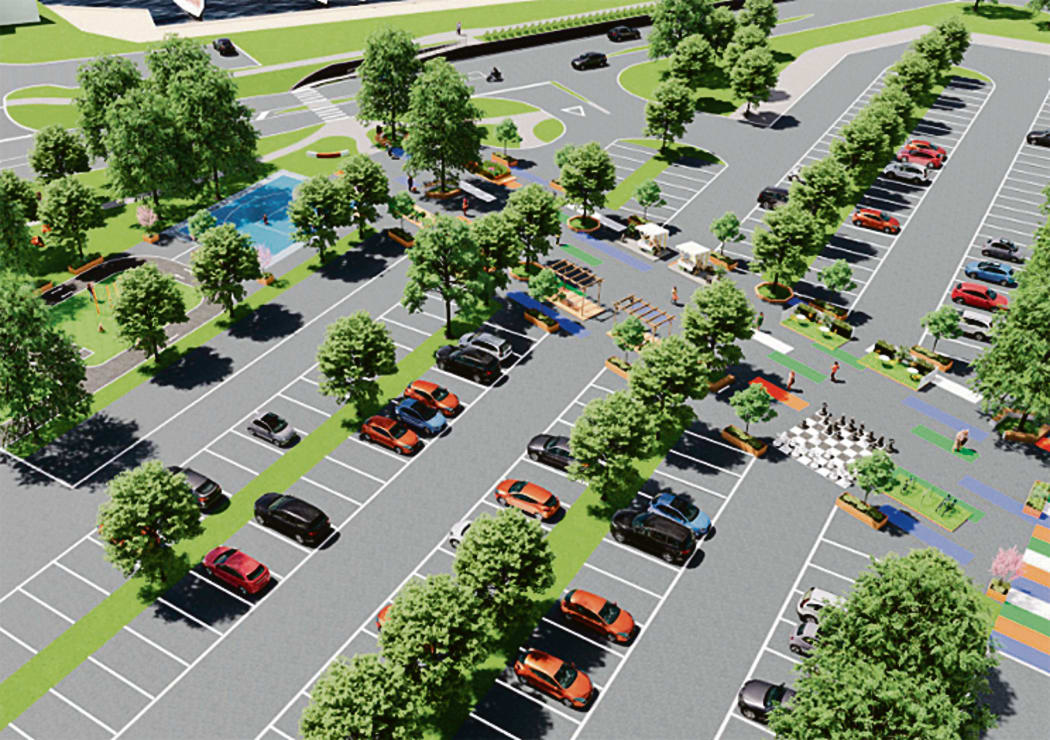 A plan for a large pedestrian walkway with community spaces through the Kakahoroa Drive carpark.