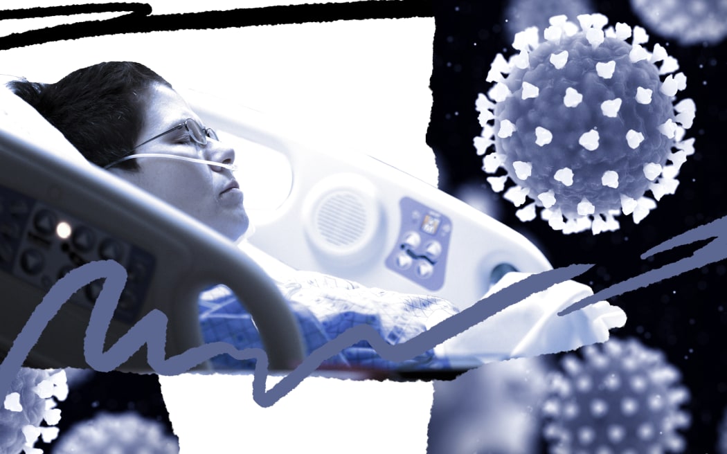 Composite of patient in hospital bed and virus particles