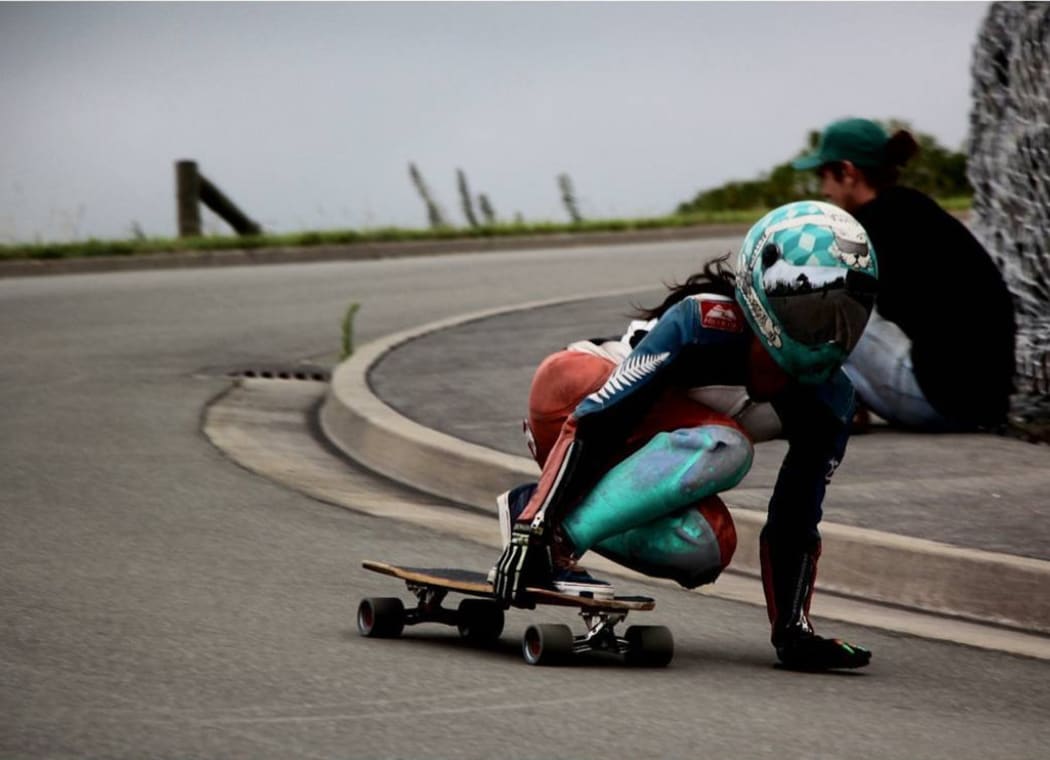Elissa Mah racing in last year's Kaikōura Longboard Festival.