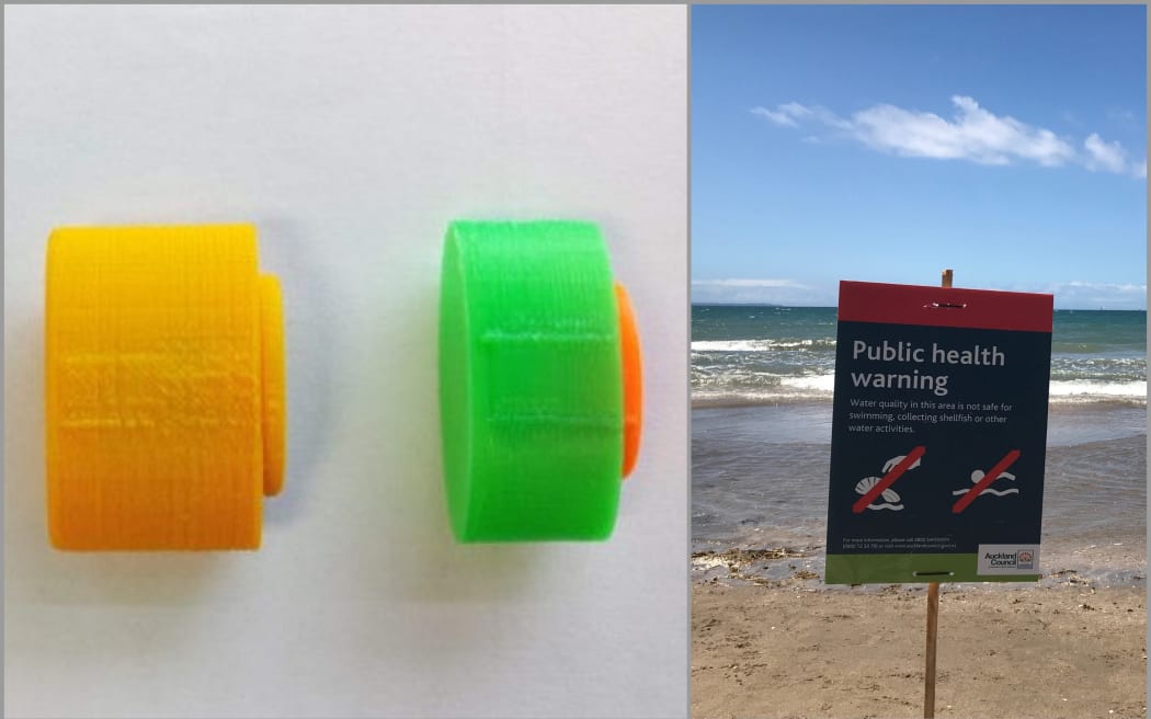 Images of flushable sensors and a polluted beach sign.