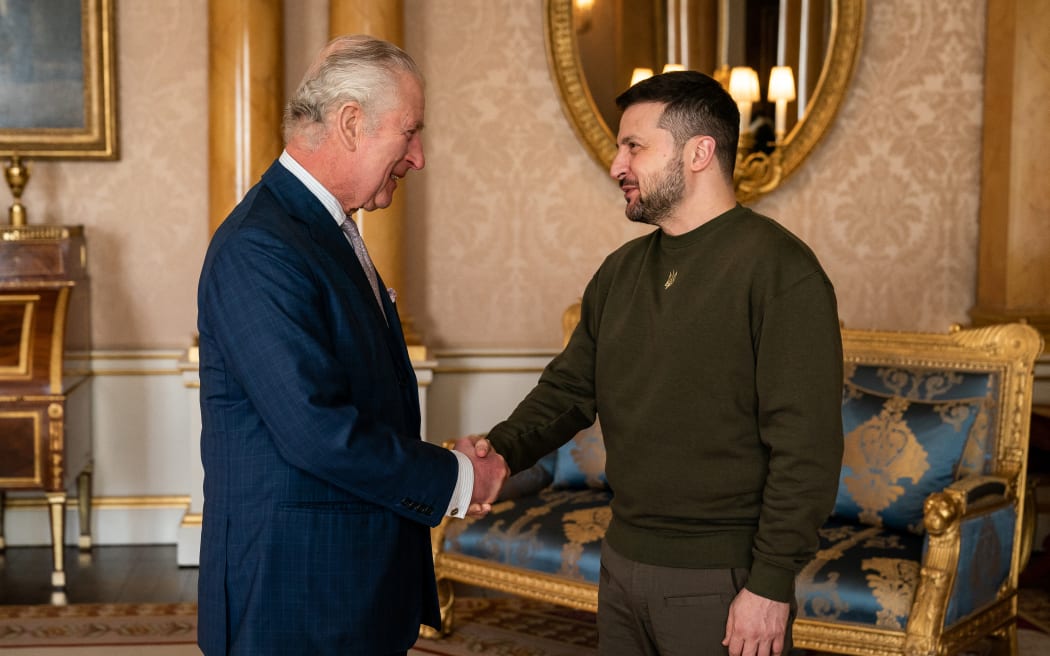 King Charles III shakes hands with Ukraine's President Volodymyr Zelensky at Buckingham Palace, London, during his first visit to the UK since the Russian invasion of Ukraine.