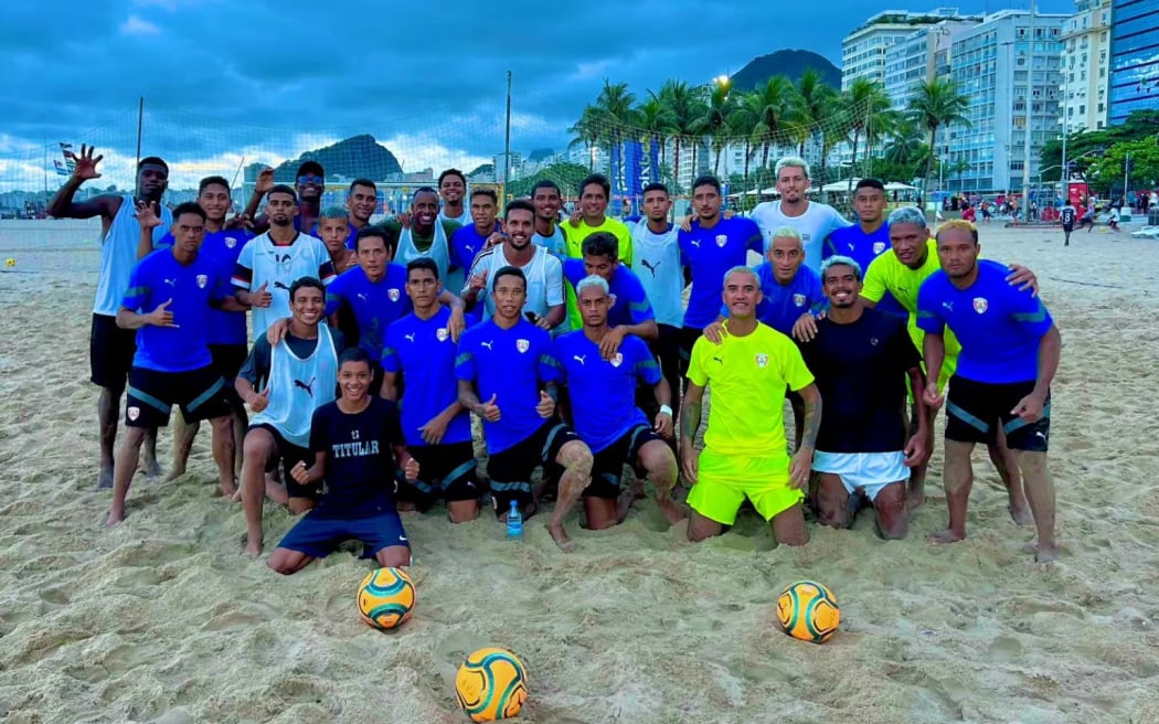 Tahiti Beach Soccer team with some Brazilian players after their friendly match in Rio. Photo Credit: Supplied to OFC Media