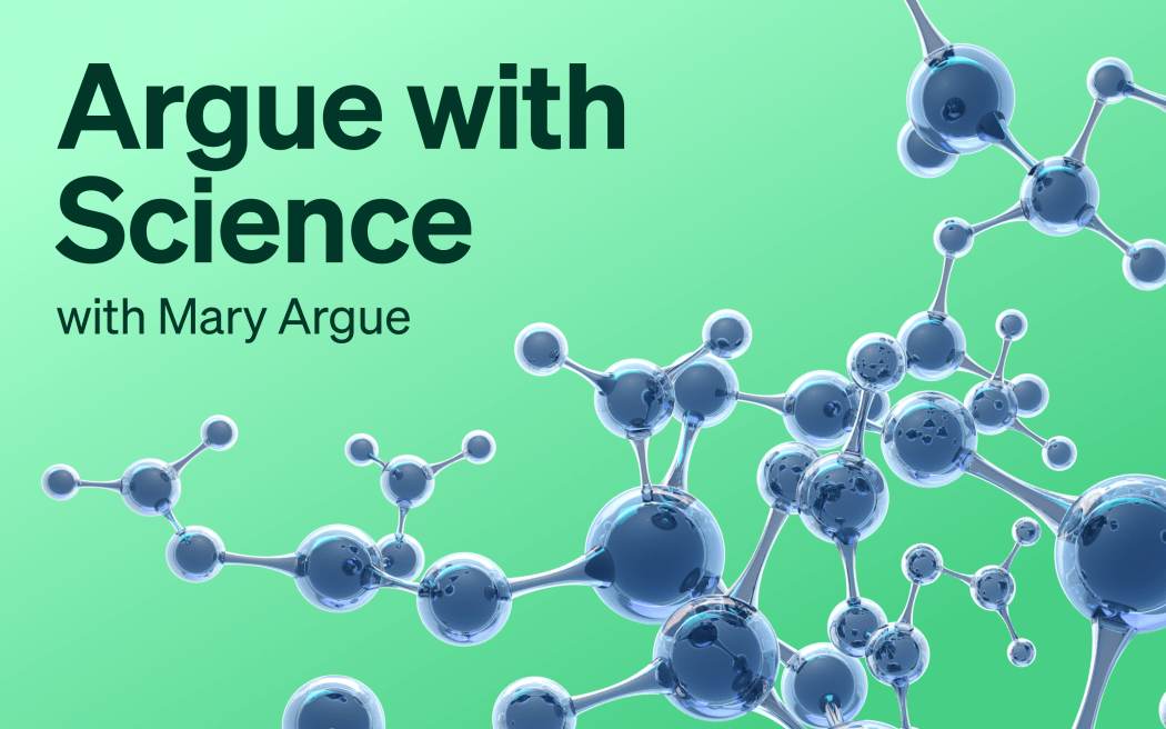 A glistening glass-like visualisation of a complex molecule. Text reads "Argue with Science, with Mary Argue"