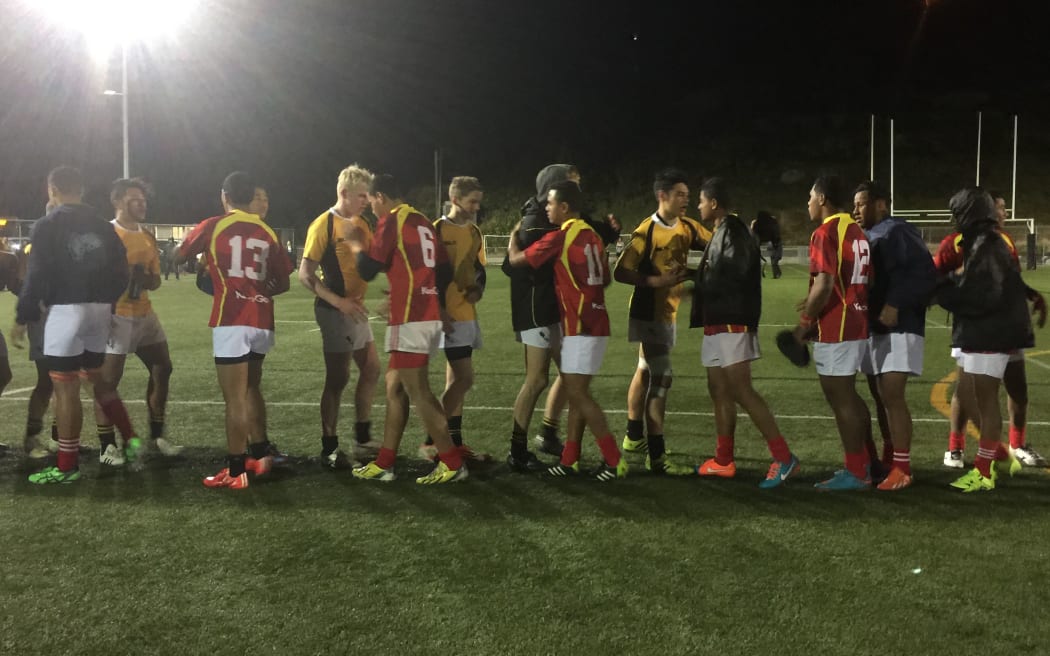 Tonga Under 15s and the Wellington Under 16 development team shake hands post-match.