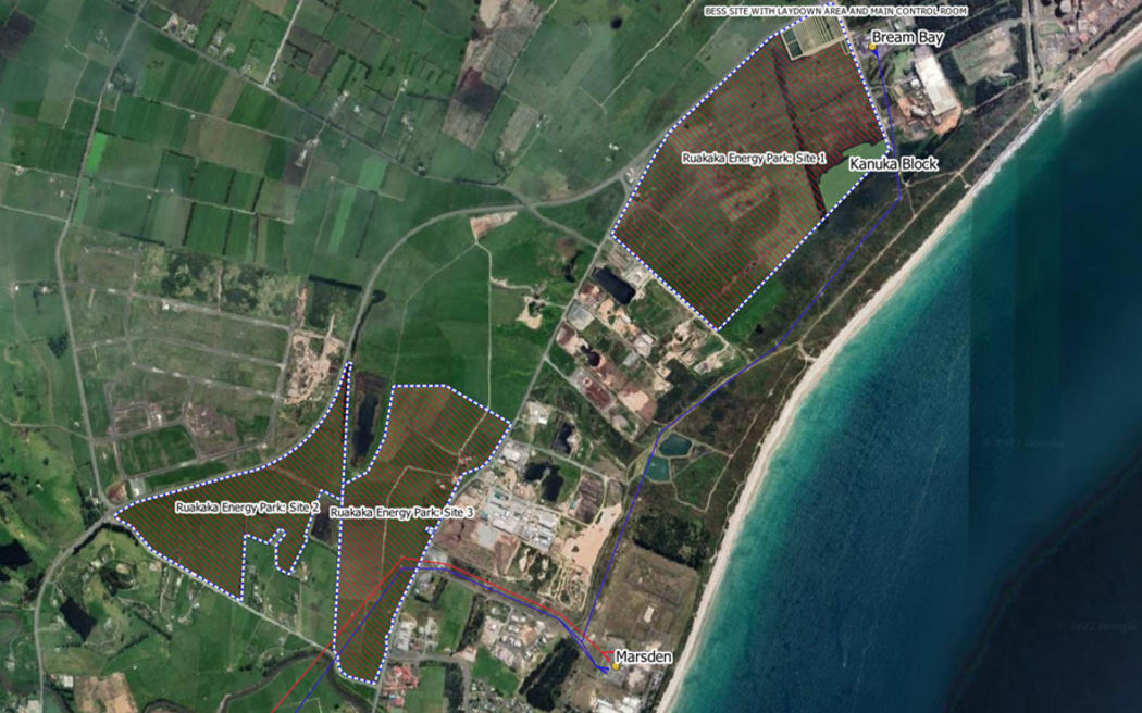 Satellite image showing the three sites of Meridian’s planned Ruakākā Solar Farm. The battery site is at top right.