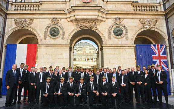 New Zealand's national rugby union team All Blacks players pose for a group photo during a welcoming ceremony at the town hall with mayor Gregory Doucet in Lyon, central-eastern France, on September 1, 2023, ahead of the Rugby World Cup 2023 France. (Photo by OLIVIER CHASSIGNOLE / AFP)