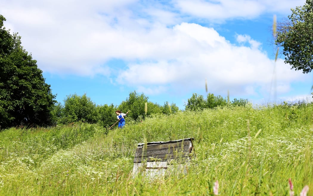 A scyther cuts grass on a hillside