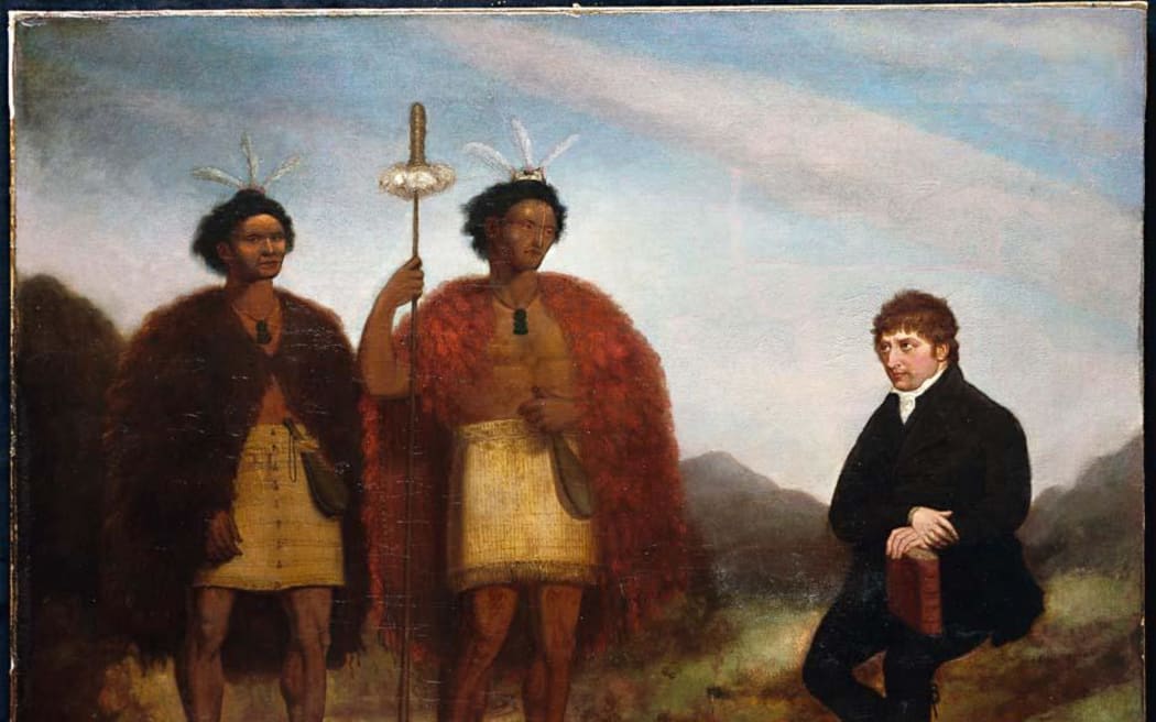 Painting of Thomas Kendall (right), and the Ngāpuhi rangatira Hongi Hika (center) and Waikato (left). Painted in 1820.