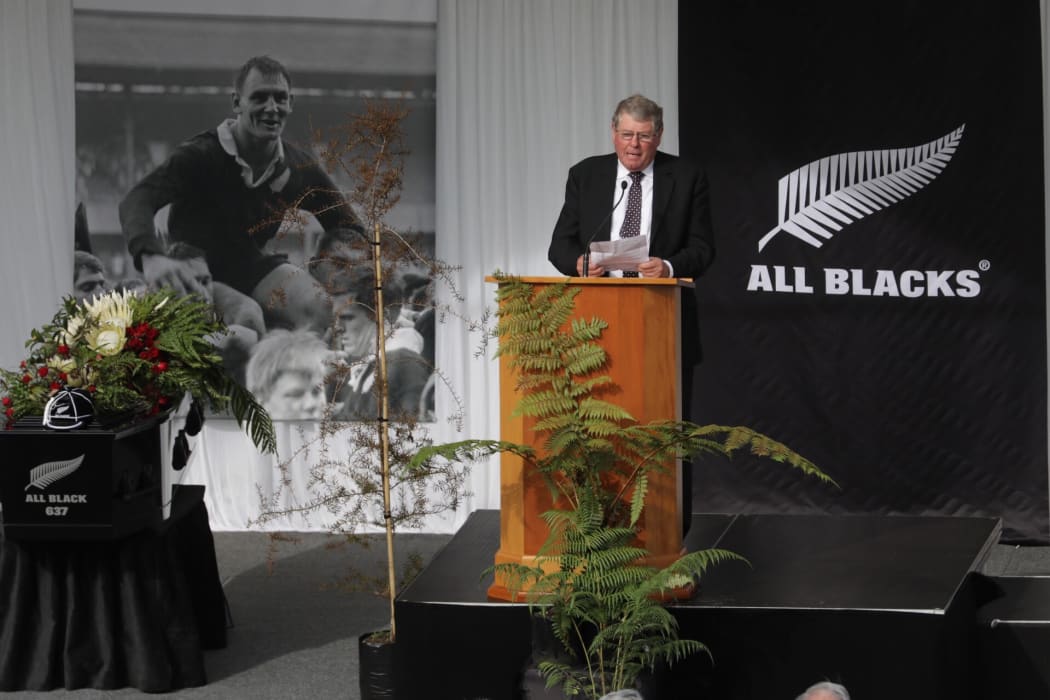 Ivan Grieve gives a speech at the funeral of Sir Brian Lochore.