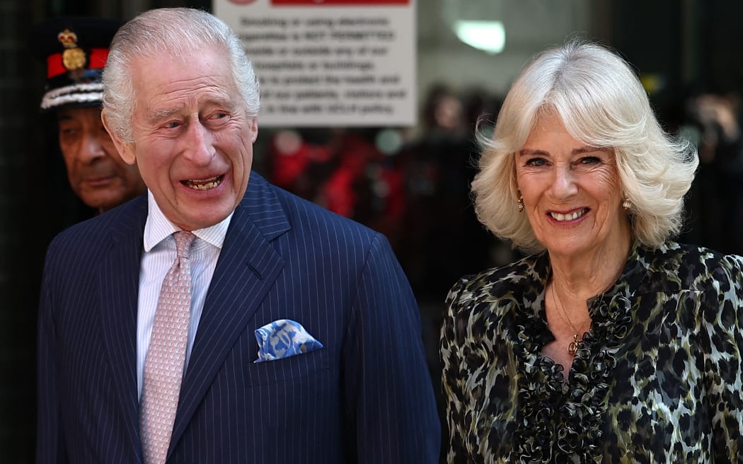 Britain's King Charles III and Britain's Queen Camilla arrive to visit the University College Hospital Macmillan Cancer Centre in London on April 30, 2024. Charles is making his first official public appearance since being diagnosed with cancer, after doctors said they were "very encouraged" by the progress of his treatment. (Photo by HENRY NICHOLLS / AFP)