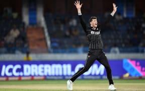 New Zealand's Mitchell Santner appeals during 2023 World Cup game against the Netherlands in Hyderabad.