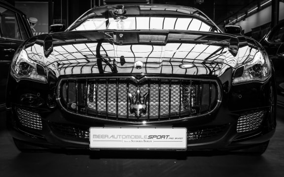 BERLIN, GERMANY - MAY 17, 2014: Executive car Maserati Ghibli (M157). Black and white. 27th Oldtimer Day Berlin - Brandenburg