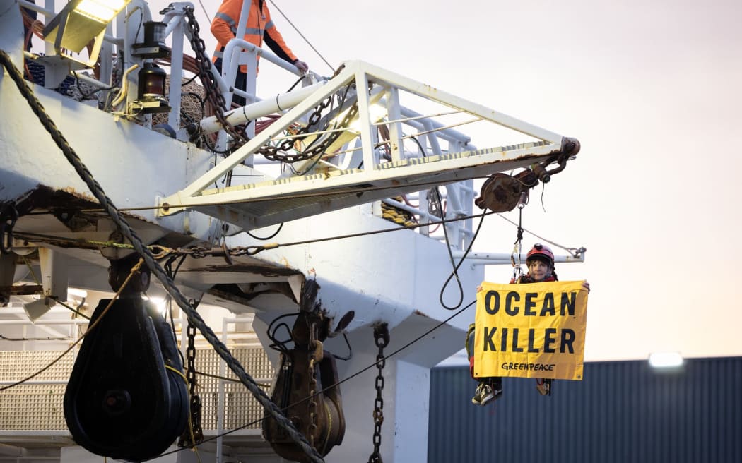 Greenpeace activists have occupied Talley’s bottom trawler, Amaltal Columbia, stopping it from leaving port.