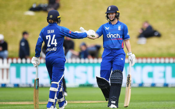 England players Charlie Dean and Amy Jones during the 1st ODI International New Zealand White Ferns v England. Basin Reserve, Wellington, New Zealand. Monday 1 April 2024. ©Copyright Photo: Chris Symes / www.photosport.nz