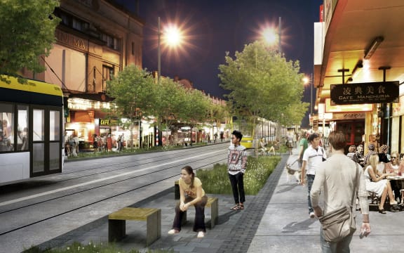 An artist's visualisation for Auckland Transport of light rail in Balmoral.