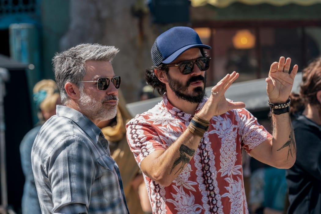 Cowboy Bebop showrunner André Nemec (left) and director Alex Garcia Lopez shooting in Auckland. 